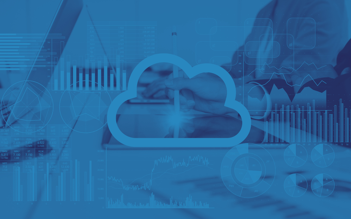 Blue-toned graphic of a person working on a laptop and tablet with a cloud icon overlaid, symbolizing cloud computing.