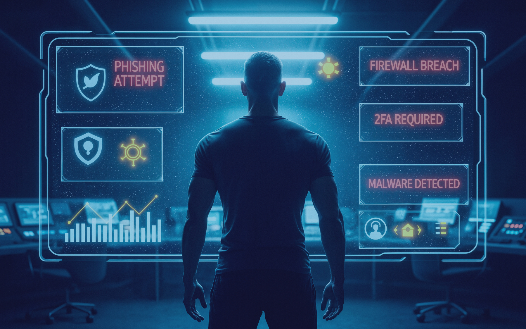 A person stands before a digital display showing cybersecurity alerts. The scene glows blue and features a control room setting.