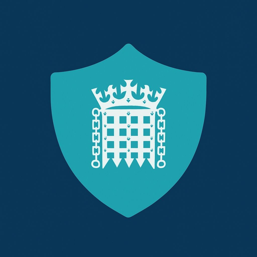 Turquoise shield emblem with a white crowned castle on a dark blue background