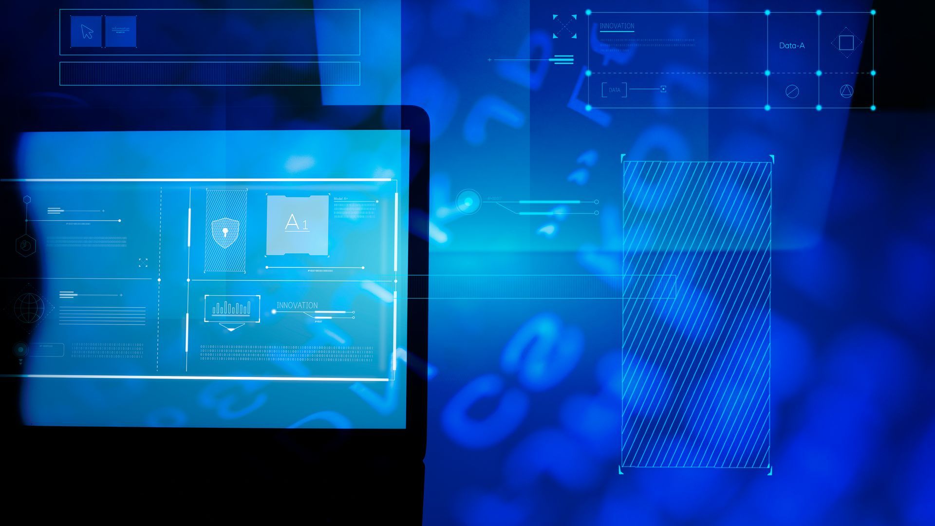 A digital display with a blue interface. A grid-like pattern is on the right, while data charts and icons are visible on the left.