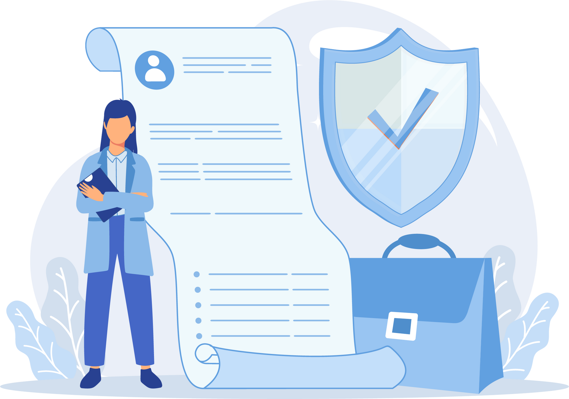 Woman in a lab coat standing by a document, briefcase, and shield, symbolizing insurance or policy. Blue color scheme.