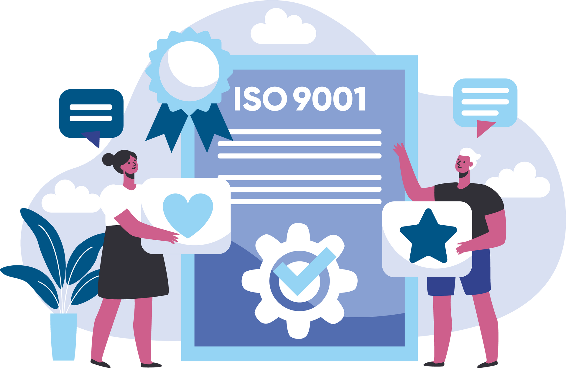 Two people celebrating ISO 9001 certification, holding icons representing quality. Certificate in the background.