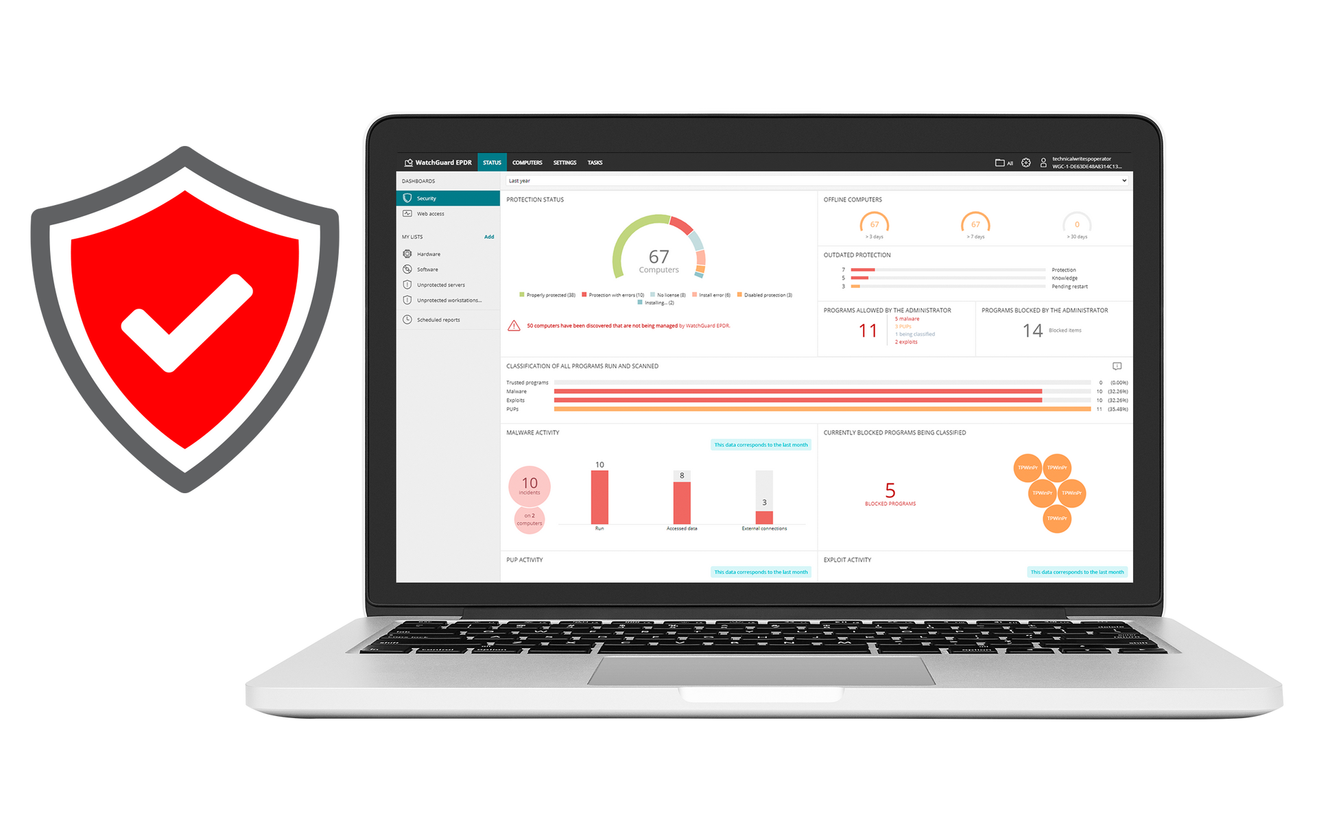Laptop displaying a dashboard with red and green indicators, beside a red and gray shield icon with a checkmark.