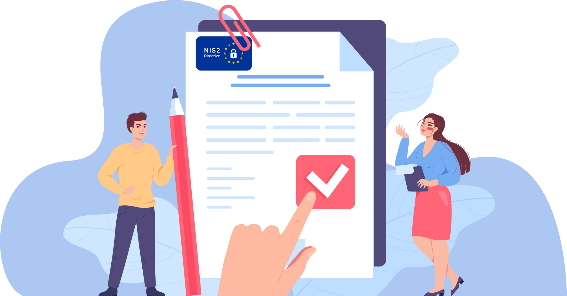 Two people reviewing a document, one with a pen, another with a checklist. A hand points at a red checkmark.