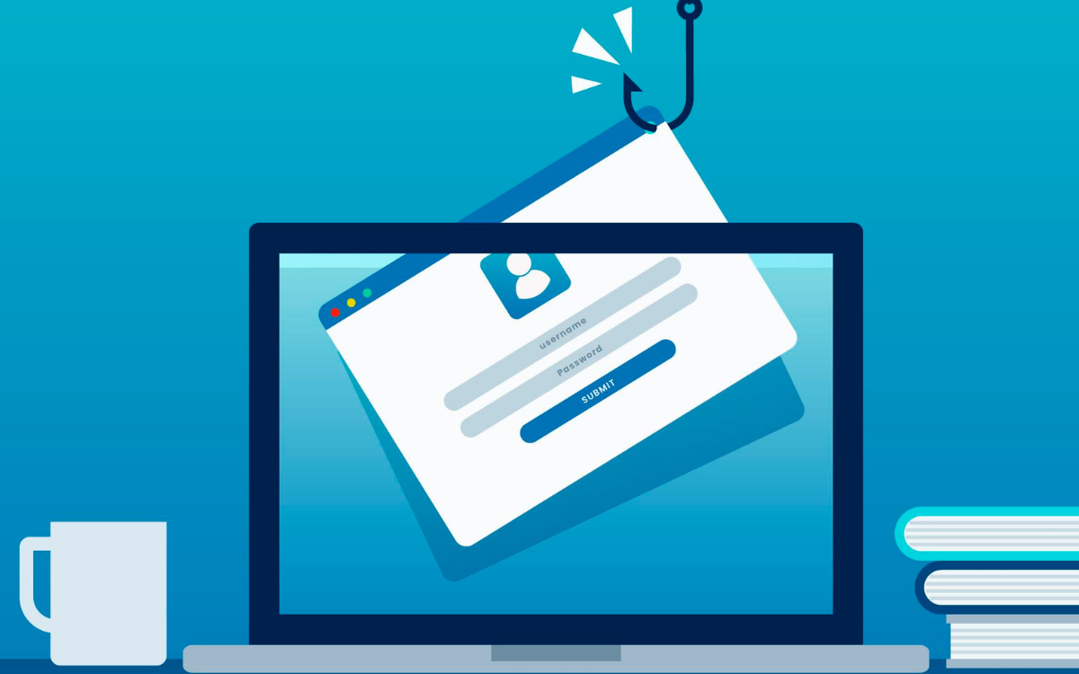 Laptop screen displaying a login page being hooked by a fishing hook, symbolizing a phishing scam. Blue background.