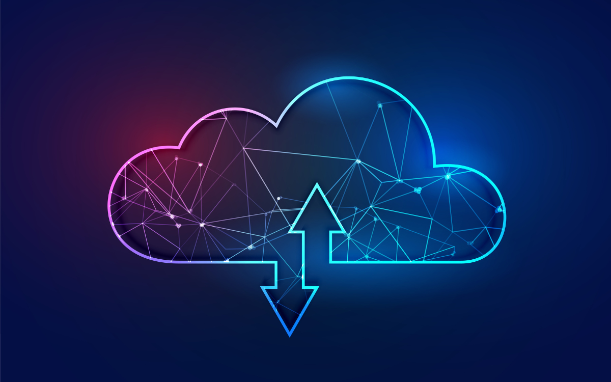 Glowing cloud icon with upload and download arrows, network of lines, set against a dark blue to purple background.