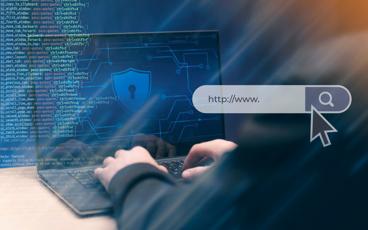 Person using laptop, searching online with code overlay, hinting at cybersecurity or hacking.