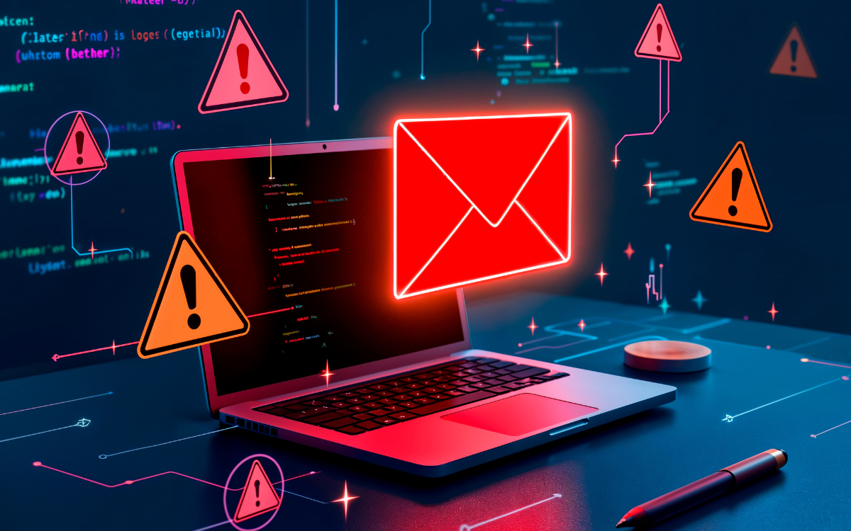 Laptop with a glowing red email icon, surrounded by warning symbols, on a tech-themed background. Depicts email security threat.