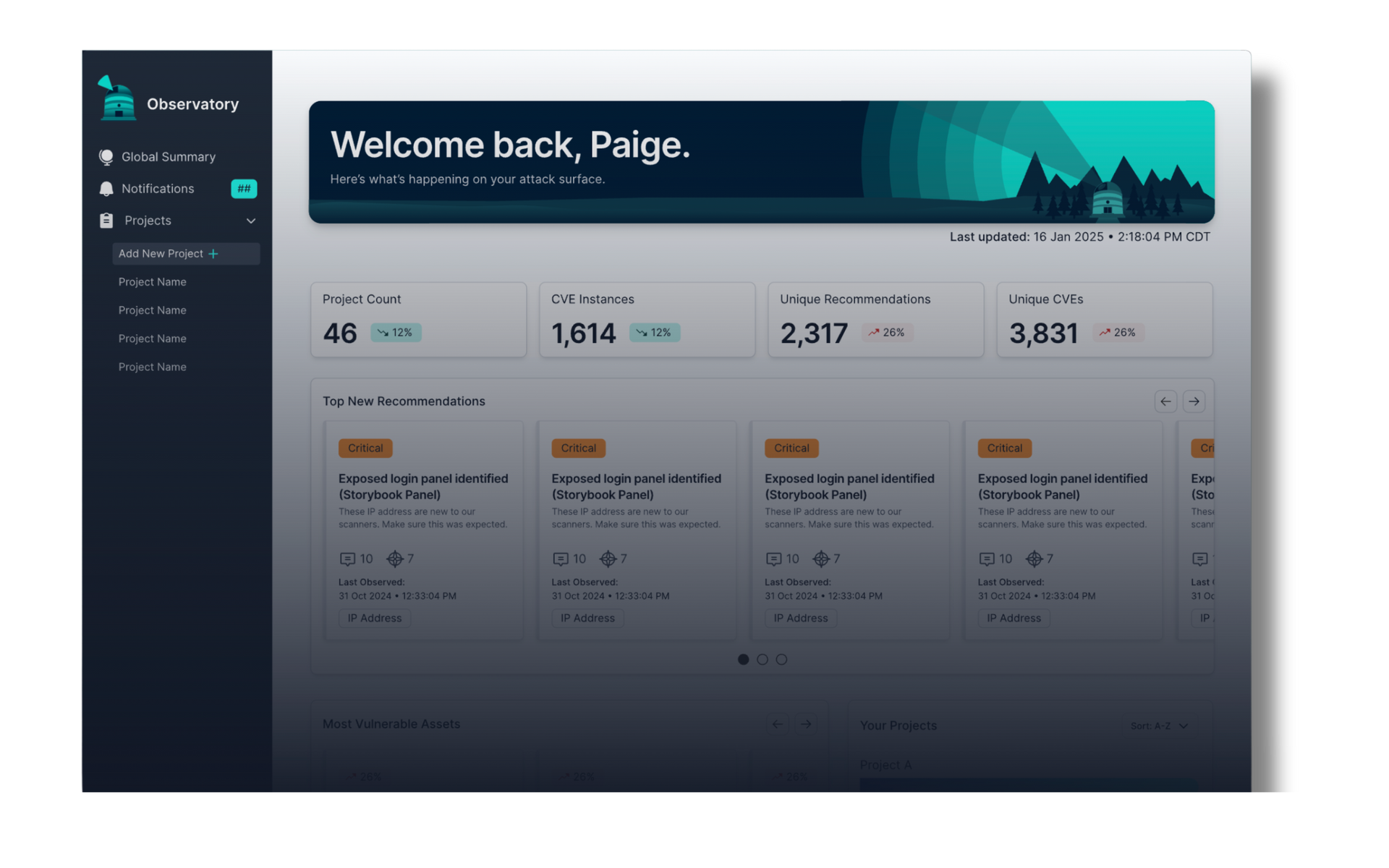 Dashboard for Paige, showing key data and recent activity, with a teal and white color scheme.