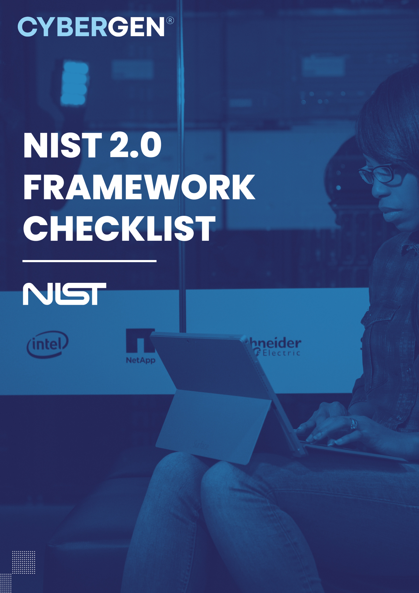 NIST 2.0 Framework Checklist cover. Blue tones with text overlay. Person using a laptop. Company logos are visible on the background.
