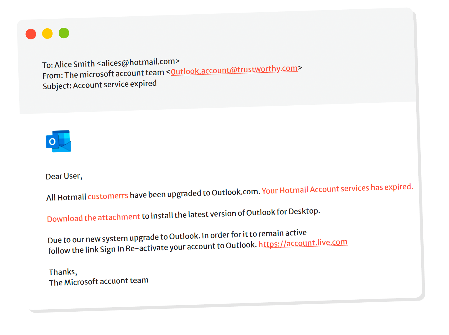 Email from Microsoft with a blue icon, the subject line