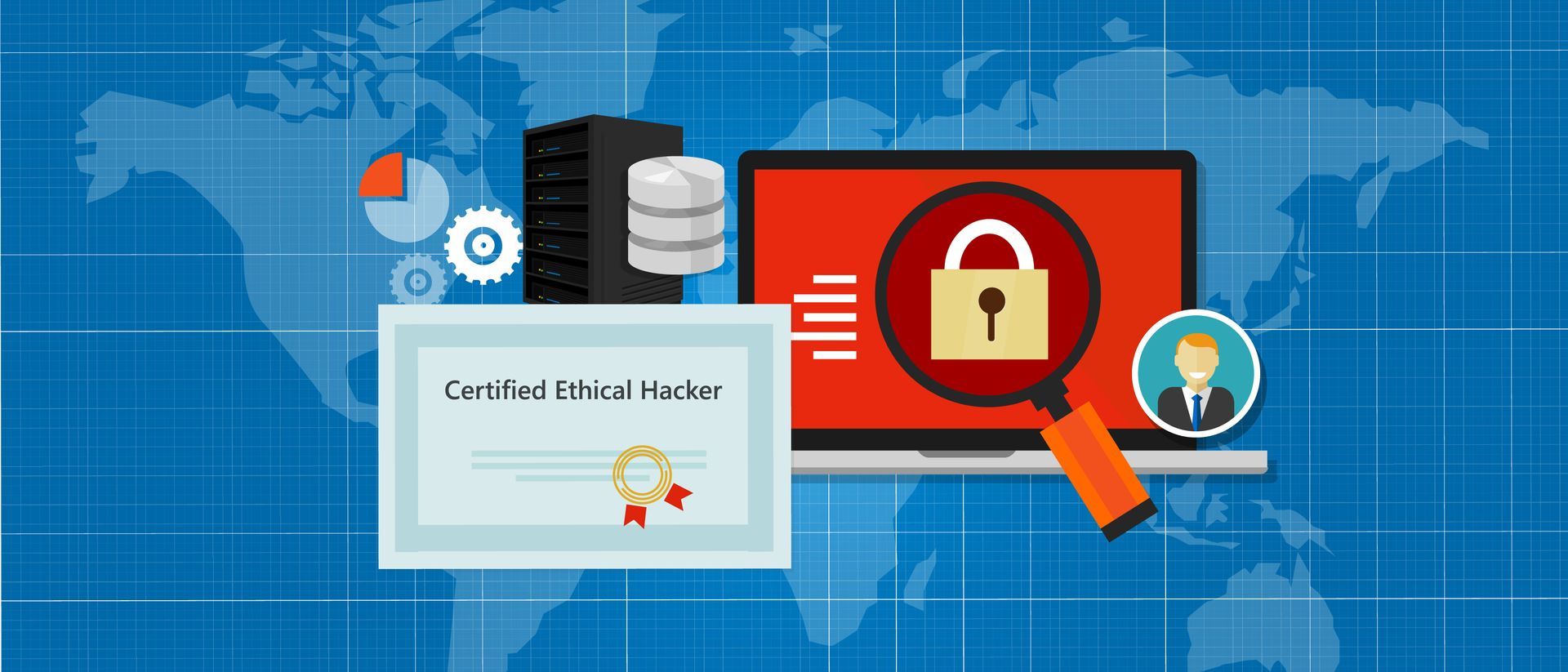 Illustration with a certificate, a laptop displaying a lock, a person icon, and server hardware, all related to cybersecurity, on a blue world map background.