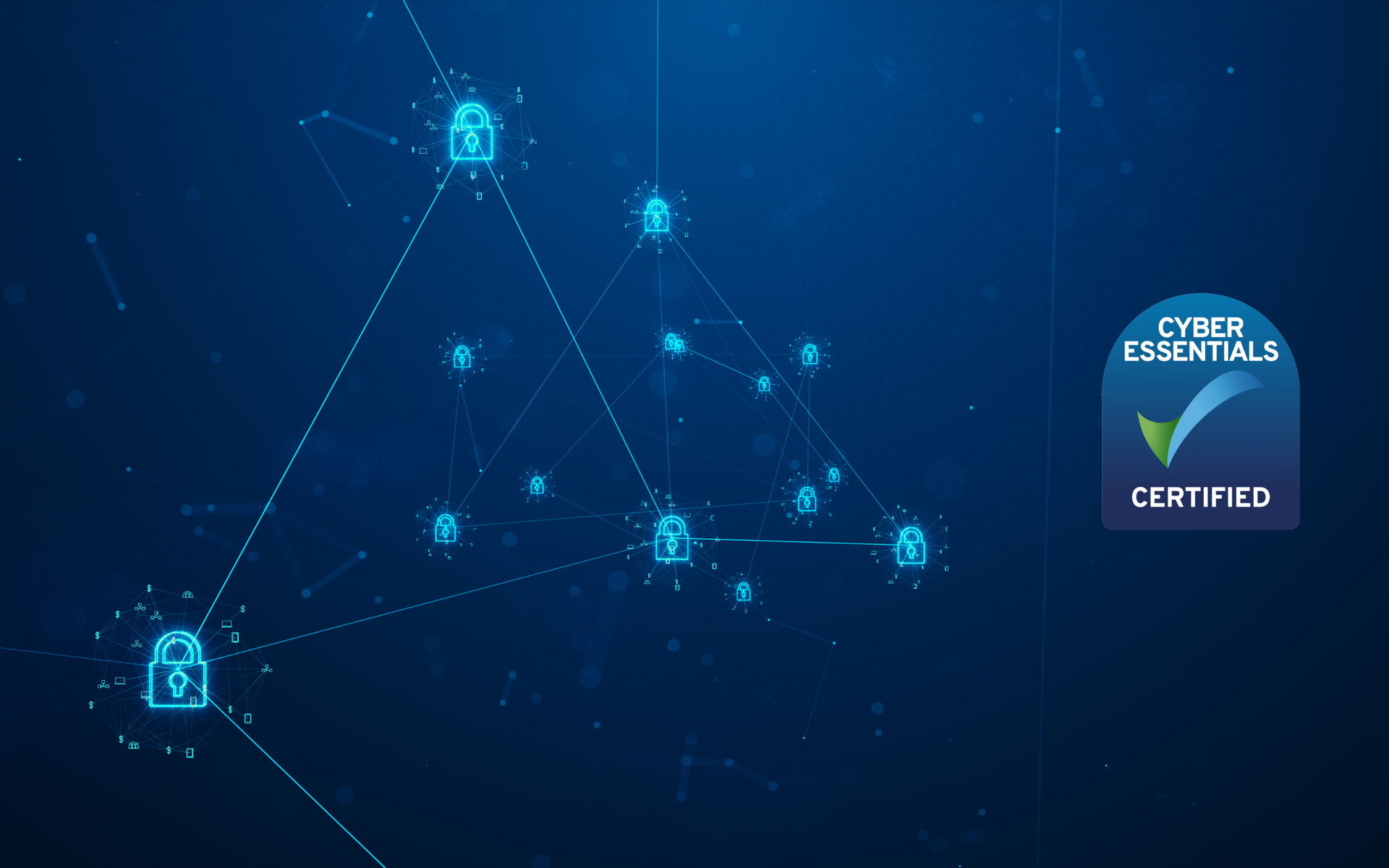 Blue digital network with connected padlocks, alongside a 