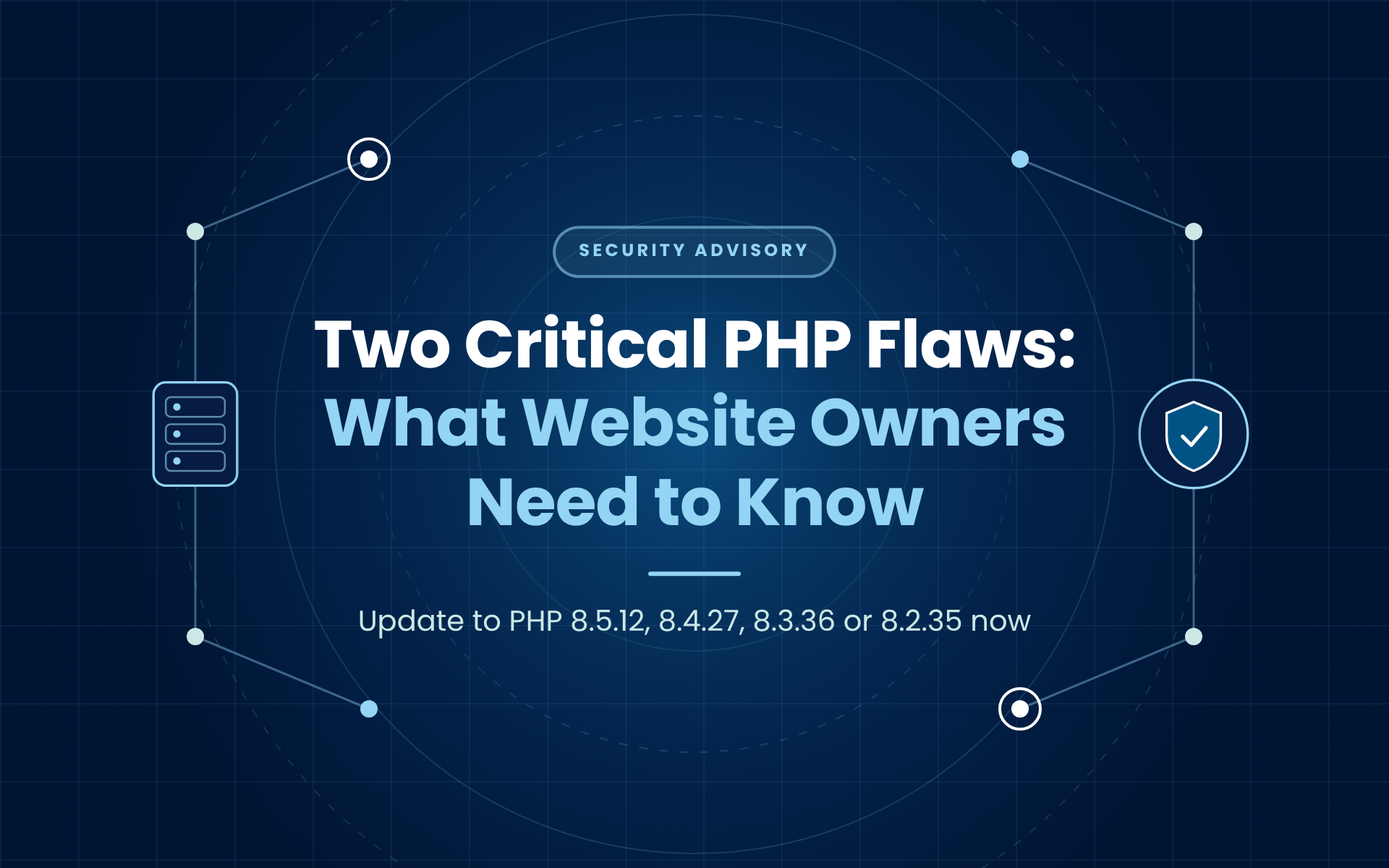 Dark blue tech banner: “Two Critical PHP Flaws: What Website Owners Need to Know” with server and shield icons.