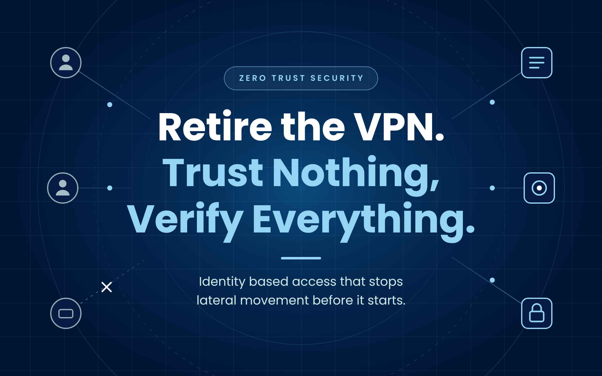 Blue cybersecurity graphic reading “Retire the VPN. Trust Nothing, Verify Everything.” with security icons around it
