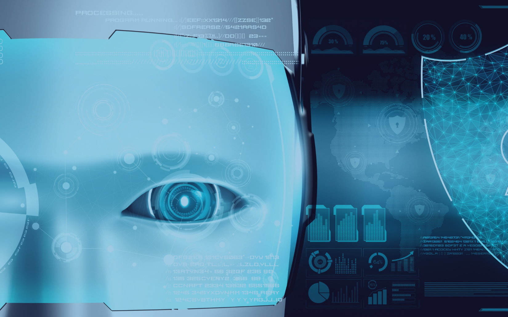 Close-up of a robotic face with a glowing blue eye overlaid with security data displays and a shield icon.