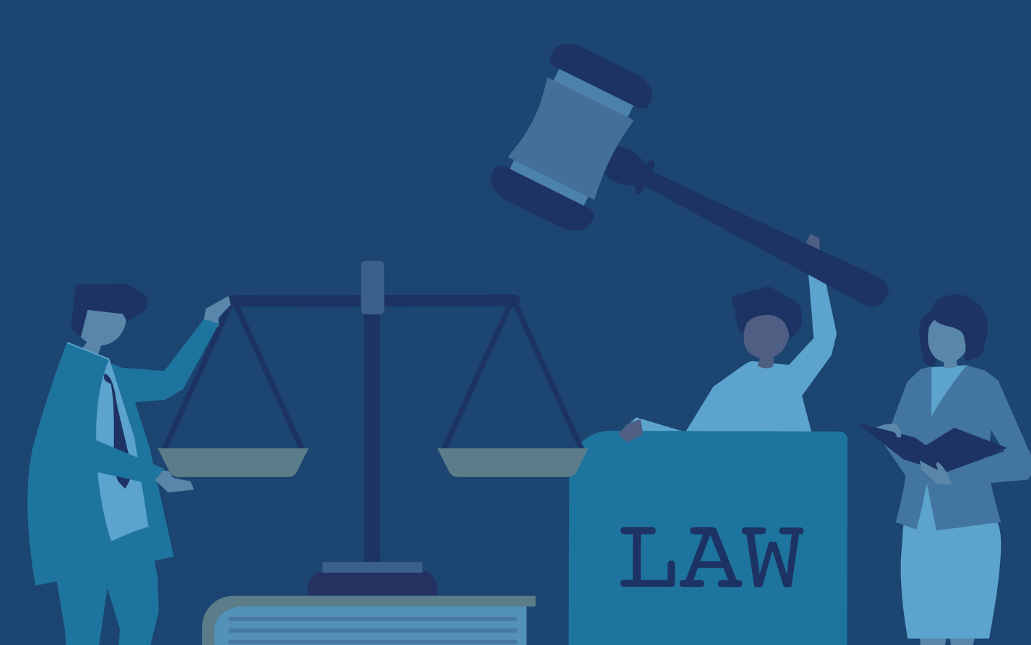 People in a courtroom scene with scales of justice, a gavel, and a law book. Blue and white color scheme.