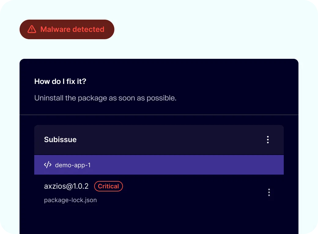 Malware detected notification with a list of packages.