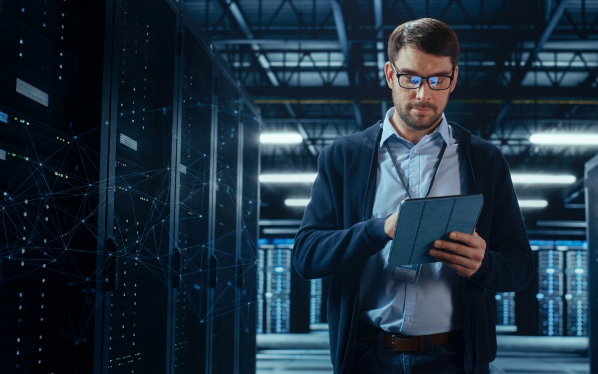 Technician in a data center using a tablet beside server racks and digital displays