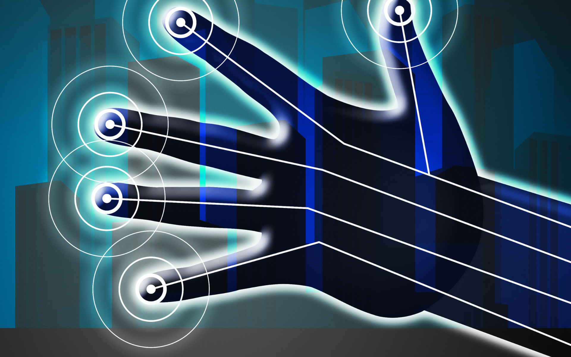 Glowing digital hand touching a touchscreen, with white connection lines and blue tech background