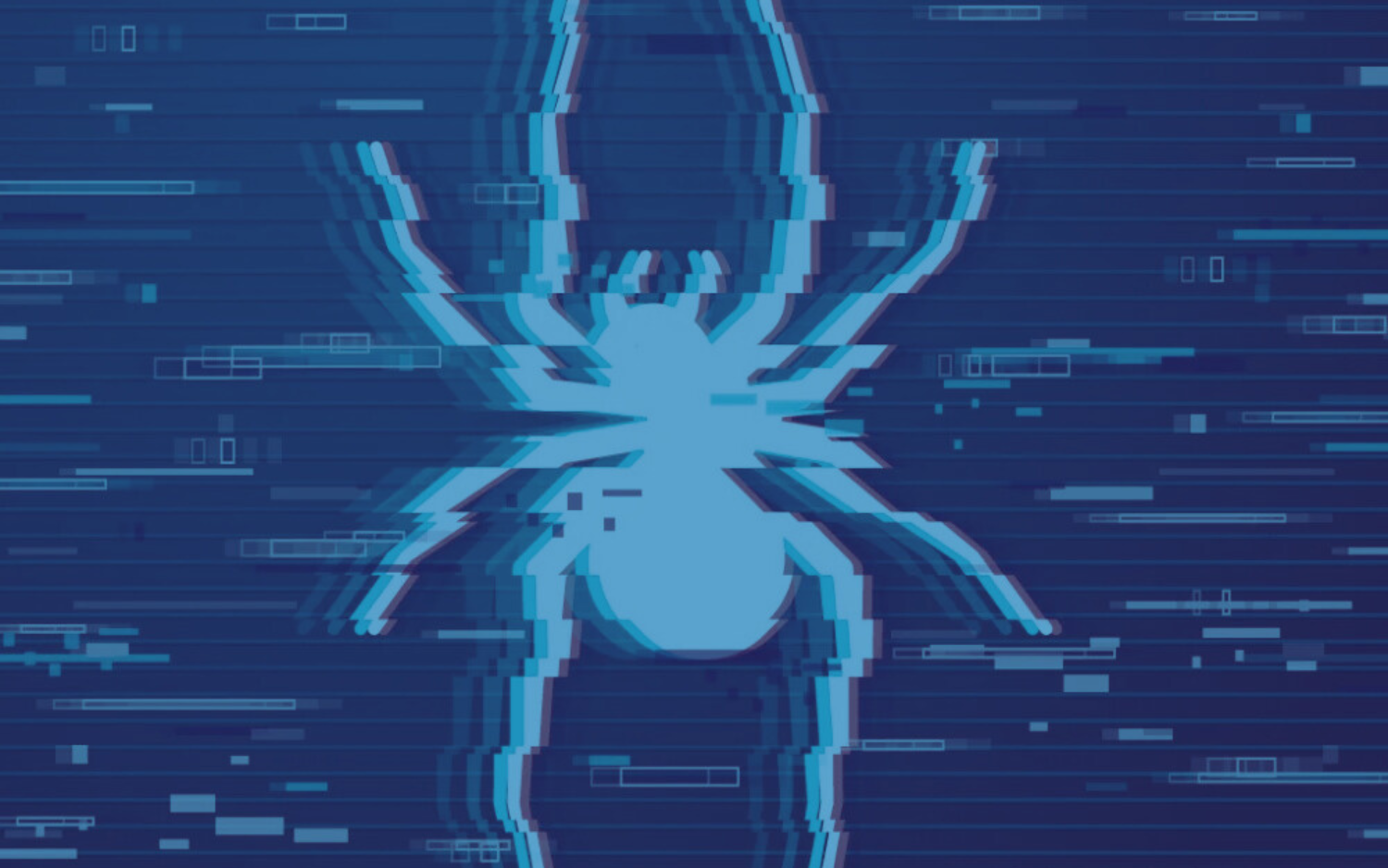 Blue pixelated spider with glitch effect on a blue background.