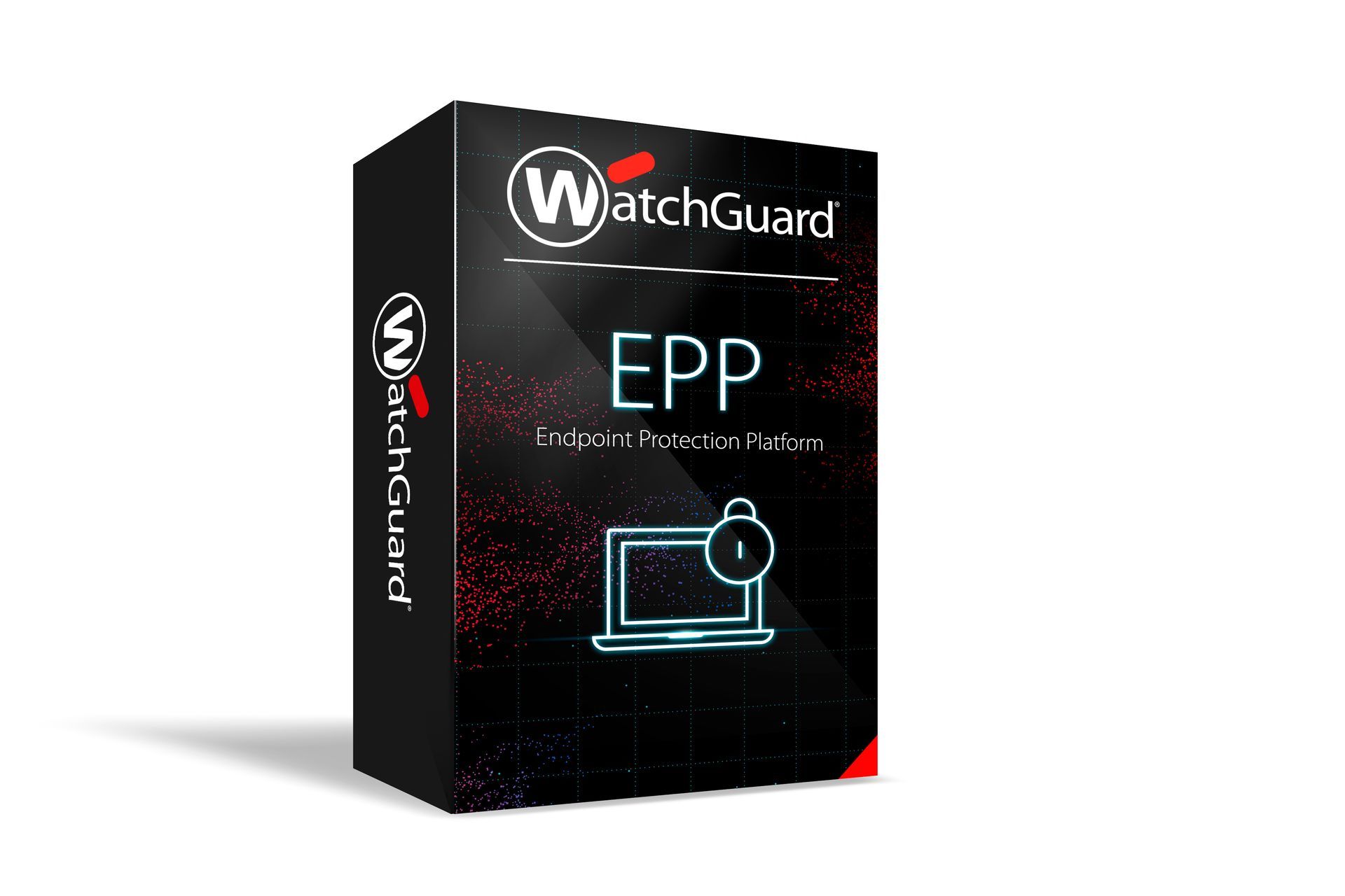 Black box of WatchGuard EPP software, featuring a lock and laptop icon. The box has a black and red color scheme.