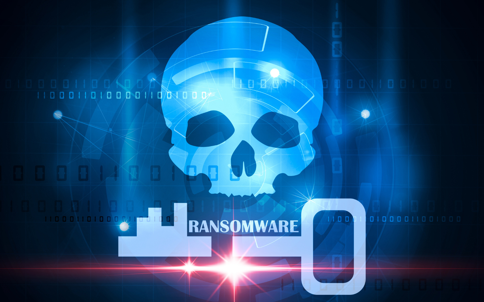 Blue skull with “RANSOMWARE” text and glowing digital lock icon on a dark cyber background