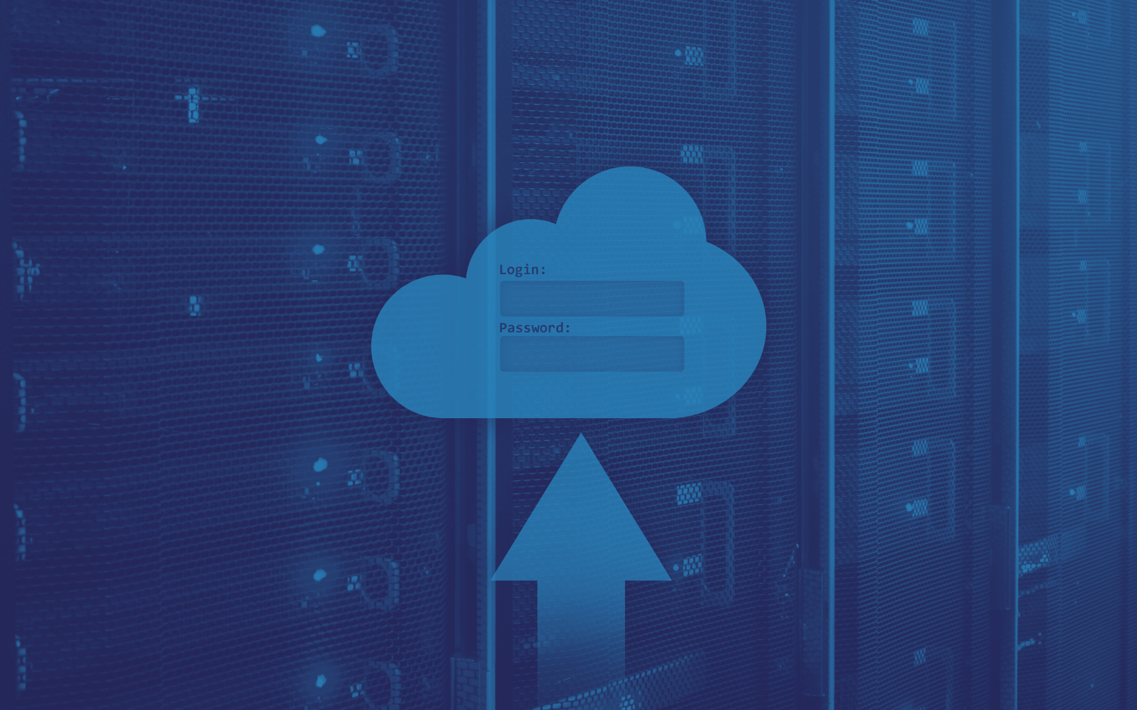 A blue cloud with a login form above an upward-pointing arrow, superimposed on a server room background.