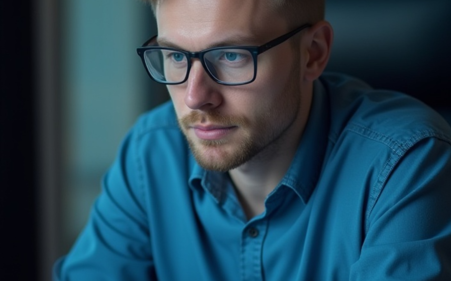 Man with glasses, wearing a blue shirt, looking intently at a screen in a dimly lit room.