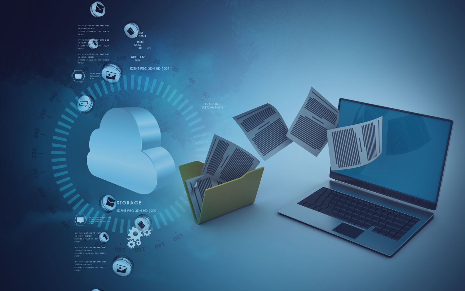 Cloud with documents transferring from a folder to a laptop screen, set against a blue digital background.