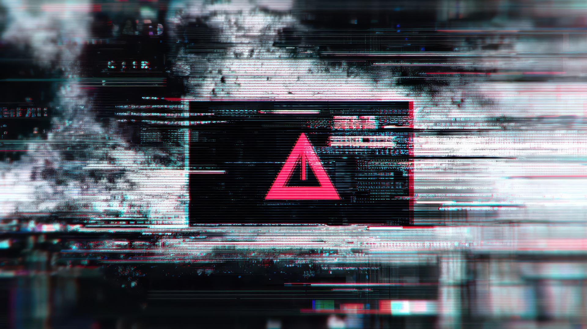 Glitched computer screen with pink warning triangle and static noise on a dark background