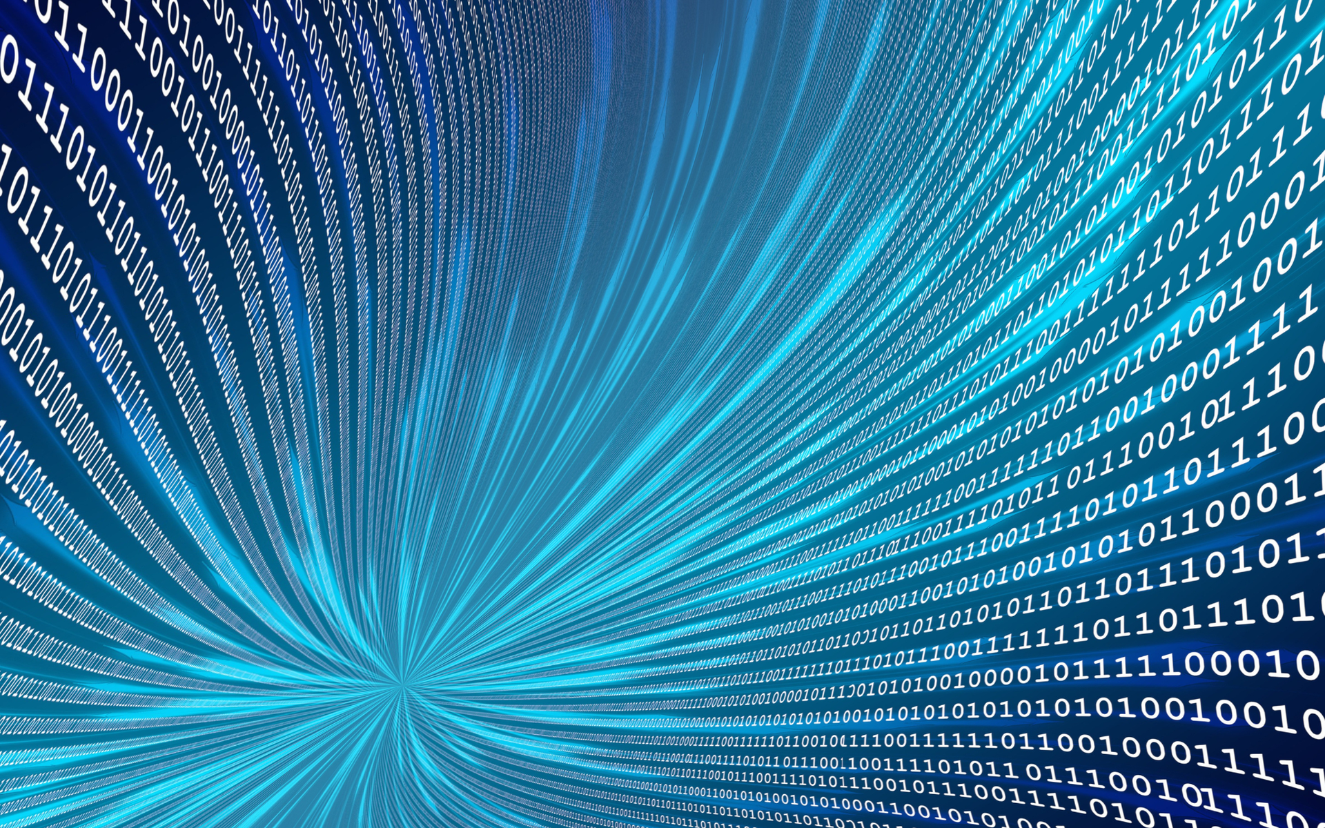 Blue digital tunnel of binary code spiraling toward a bright center