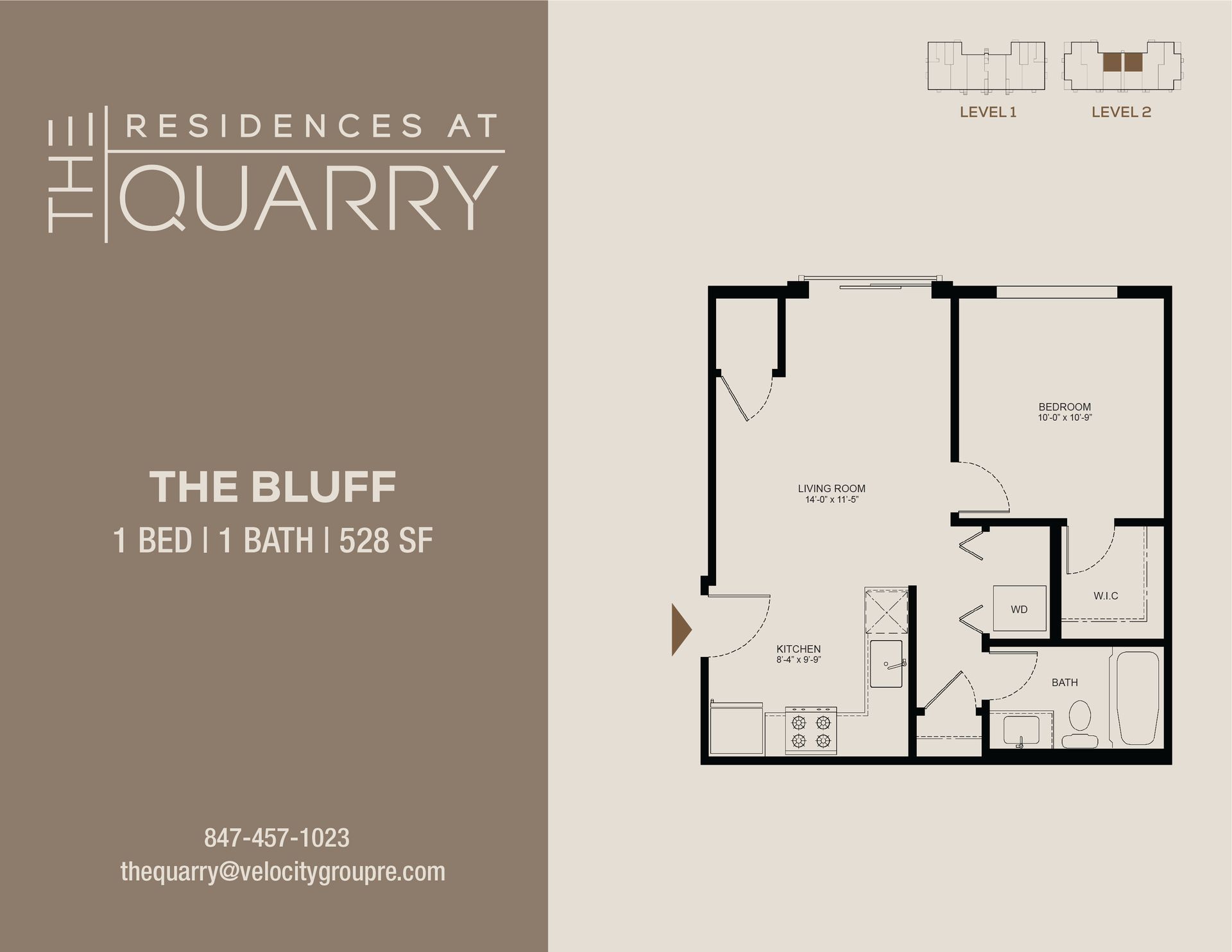 Floor plan for The Bluff, a 528 sq ft, 1-bed, 1-bath apartment at The Residences at Quarry, showing room layout and contact.
