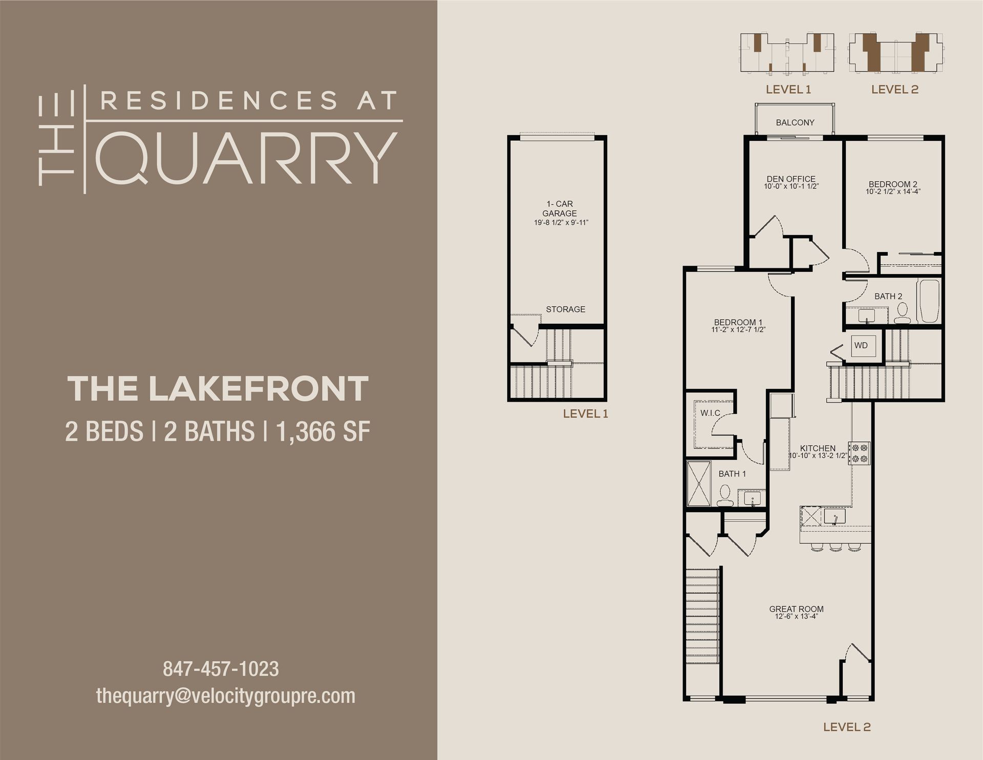 Floor plan for The Lakefront at The Residences at Quarry, a 2-bedroom, 2-bath unit spanning 1,366 square feet.