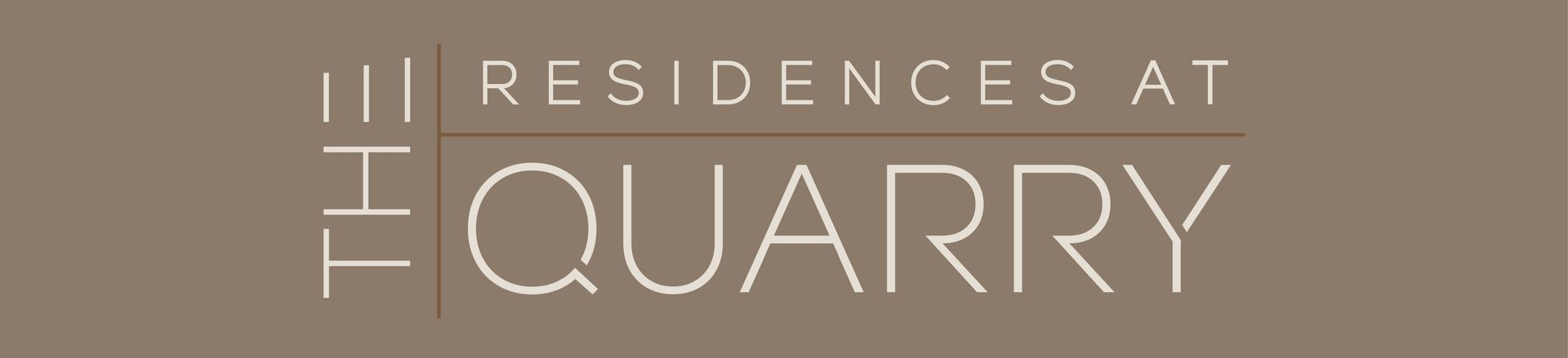 The logo for The Residences at The Quarry in white text on a muted brown background.