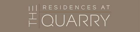 The logo for The Residences at The Quarry in white text on a muted brown background.