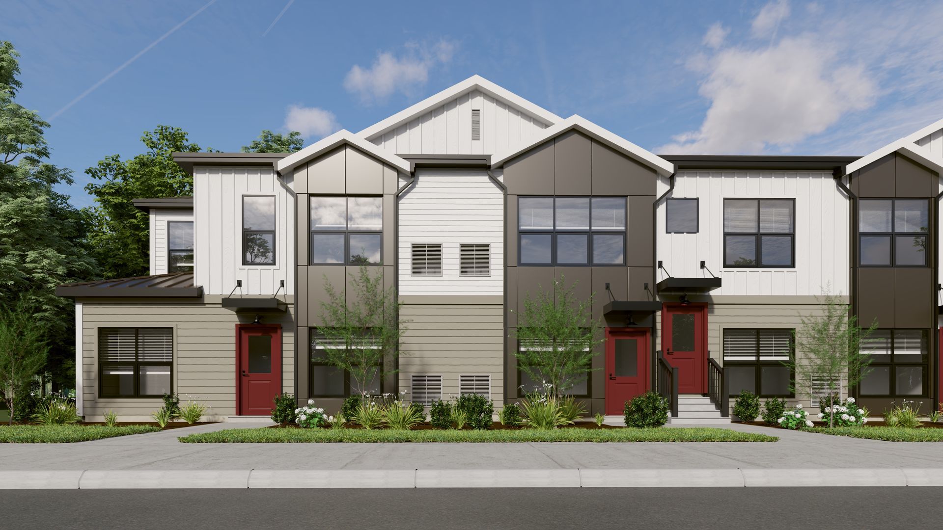 Modern multi-unit townhomes with white, tan, and dark gray metal siding, red front doors, and landscaped front yards.