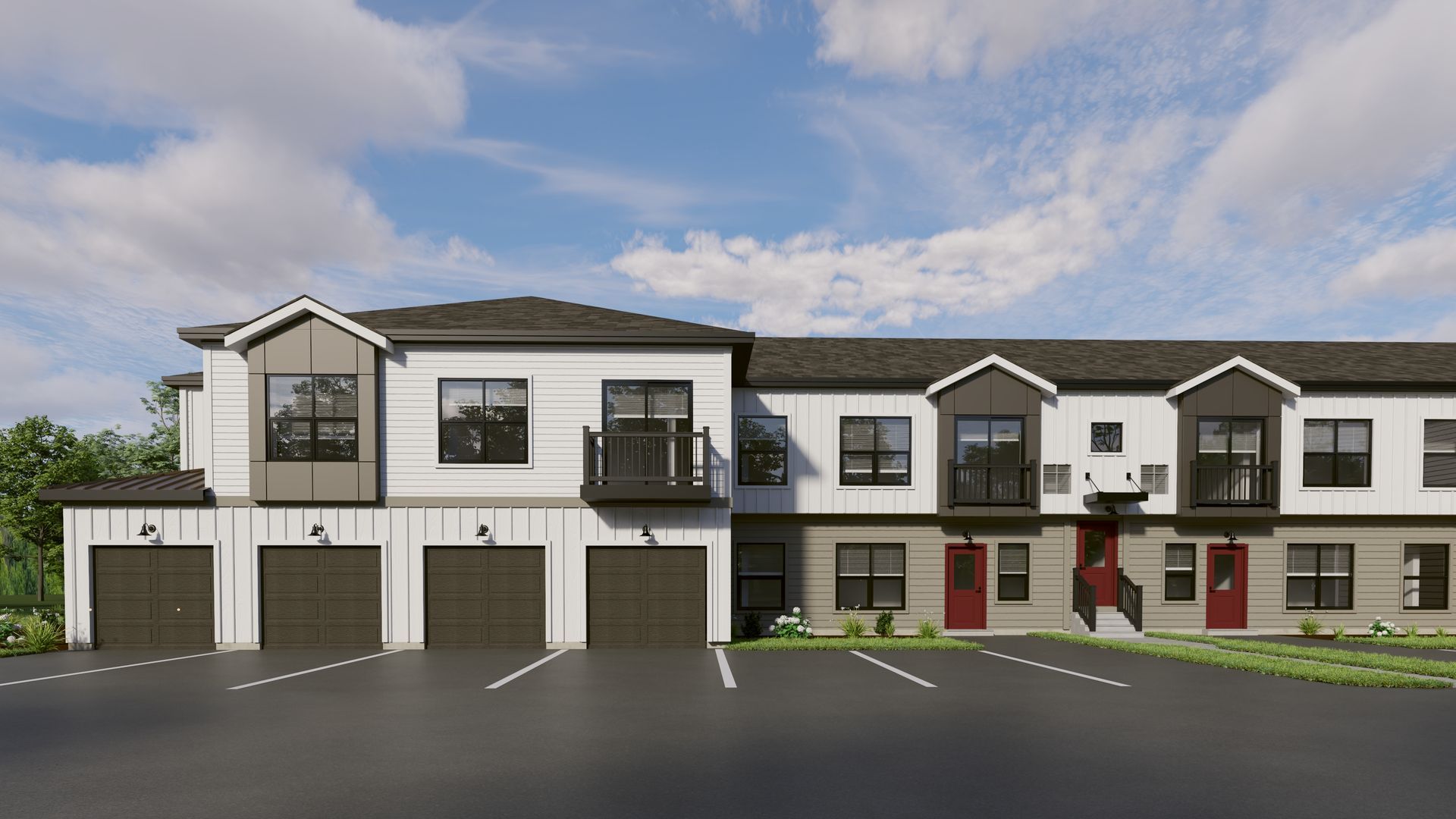A two-story apartment building with a white upper level, grey lower level, four garages, and red front doors.
