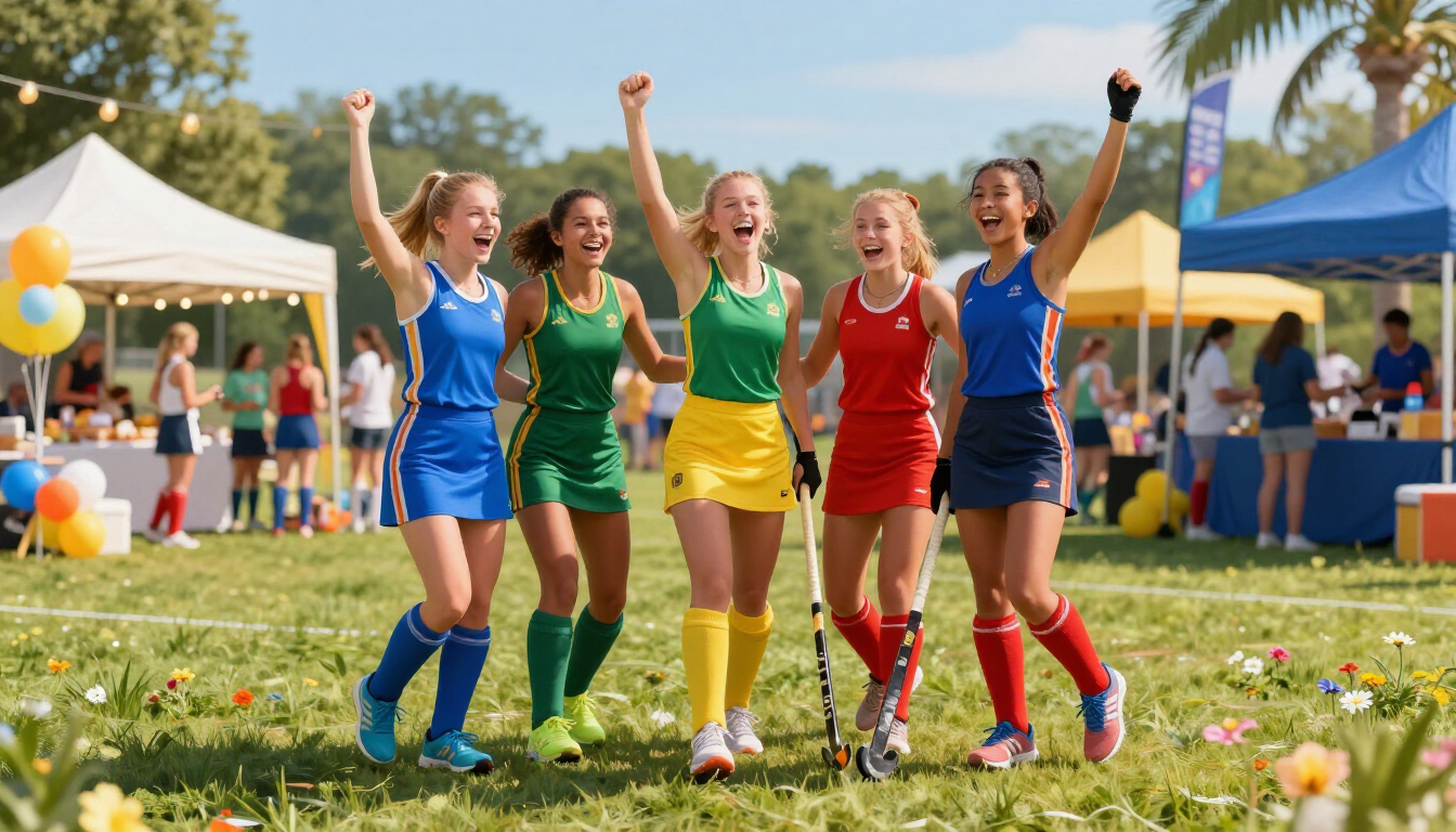 Field hockey players celebrating on a green field.