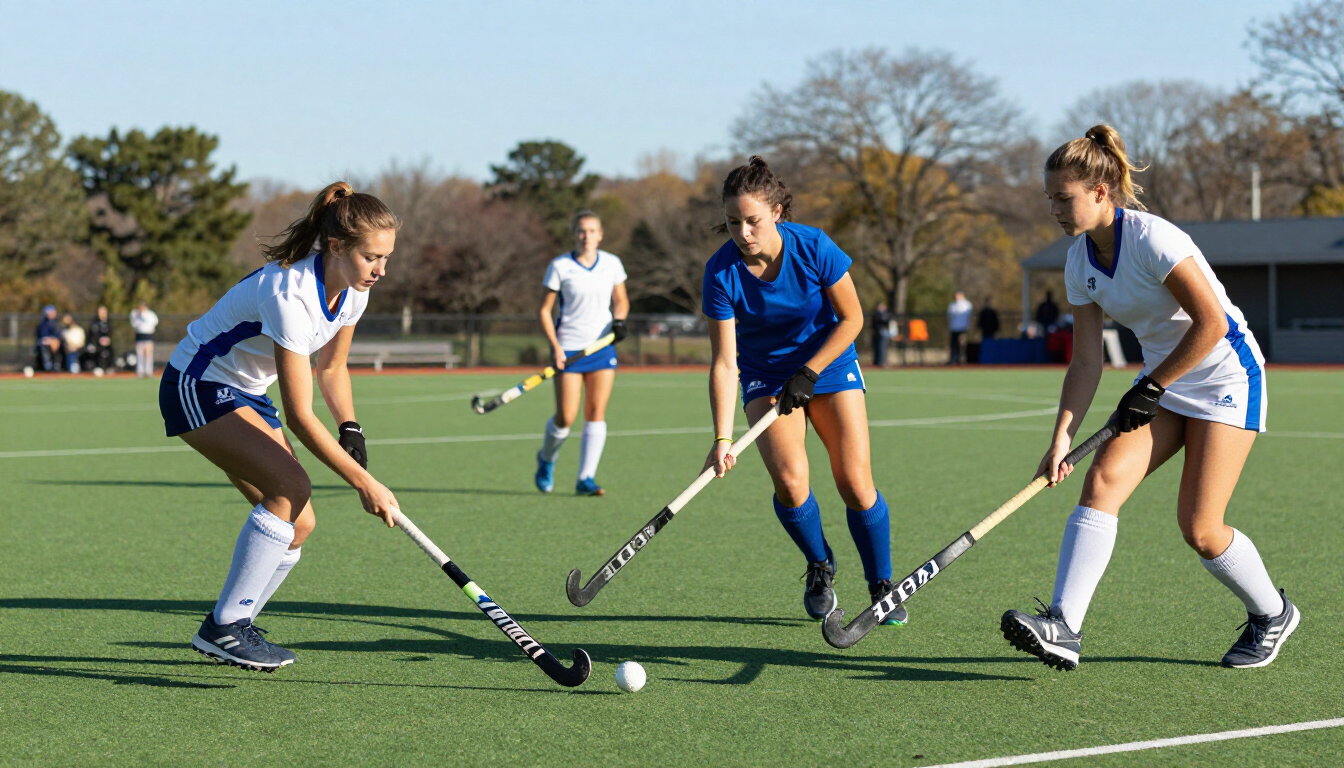 Youth field hockey player practicing skills on turf