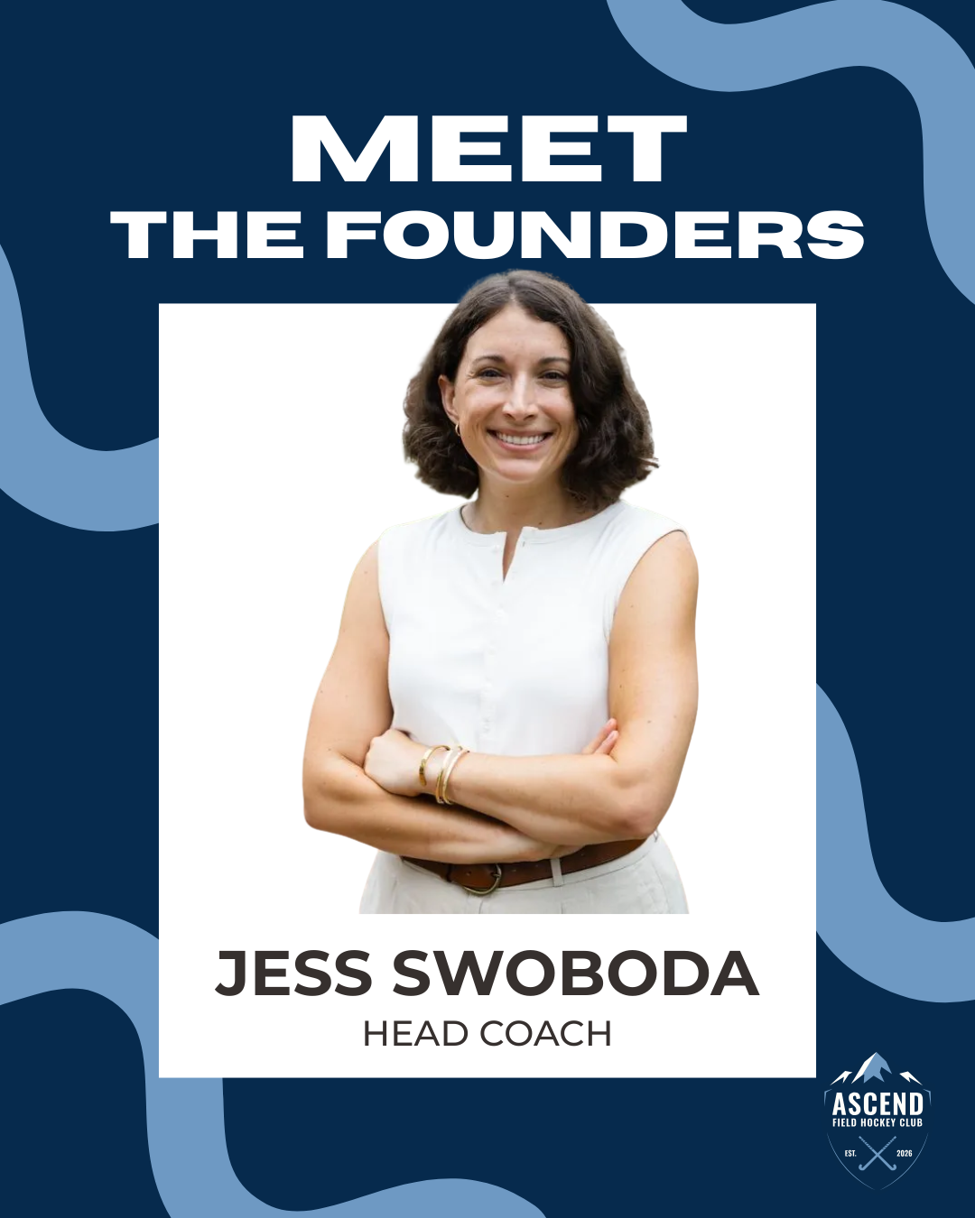 Founder announcement graphic with Jess Swoboda, head coach, on a blue background.