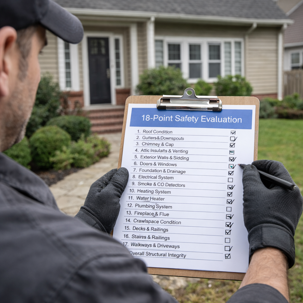 A professional in work gloves holds a clipboard with an 