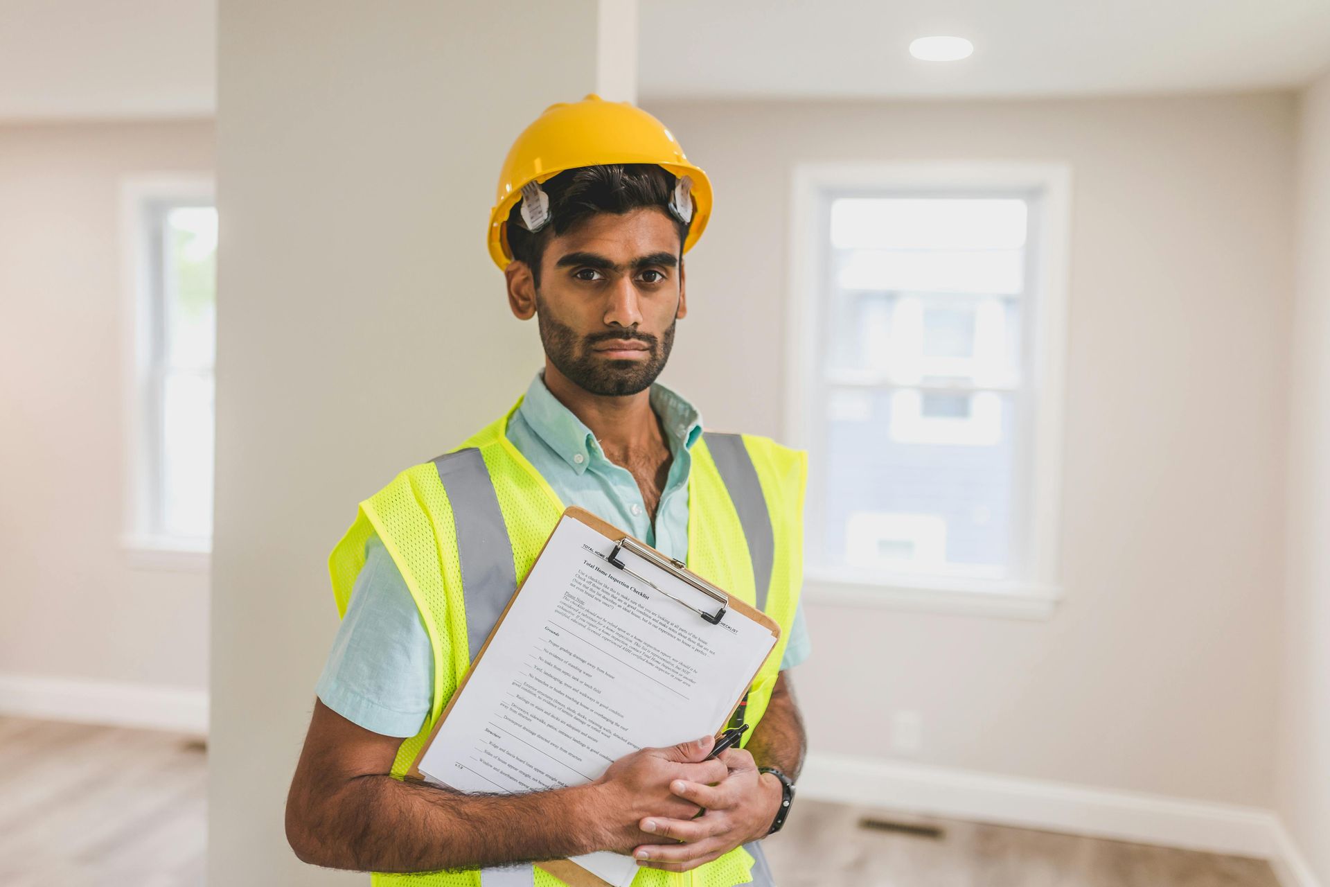 A professional inspector in a yellow hard hat and reflective vest stands in an empty room, holding a clipboard.