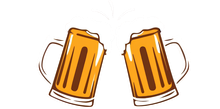 Two clinking beer mugs, tilted toward each other, in orange and white.