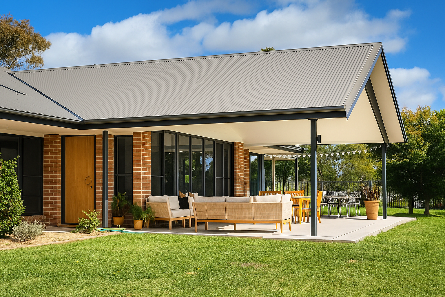 House Exterior with Covered Patio, Brick Wall, and Green Lawn Under a Blue Sky — Chandolin Construction in Bathurst, NSW