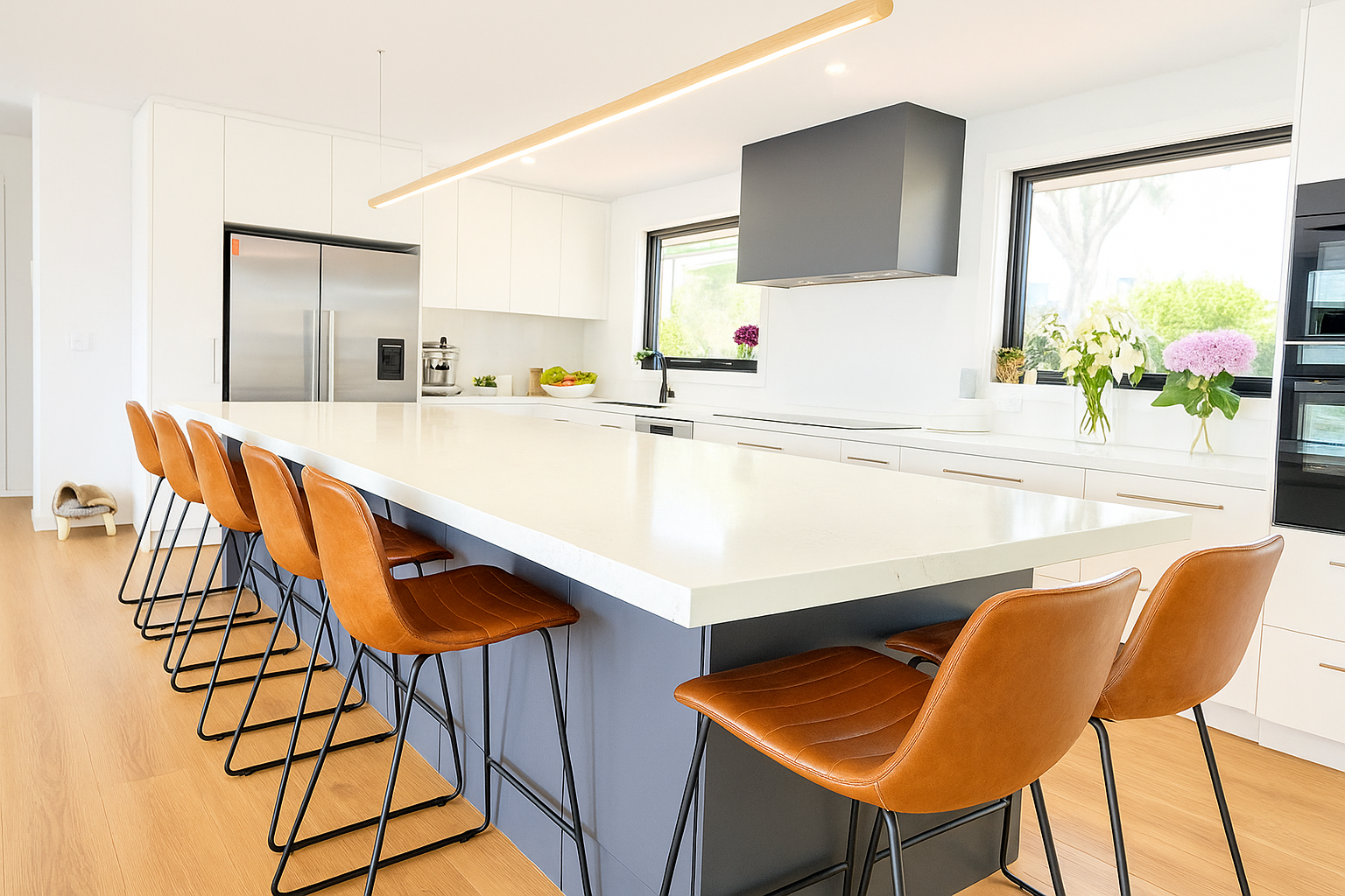 Modern Kitchen with A Long Island, Brown Bar Stools, and Appliances — Chandolin Construction in Bathurst, NSW