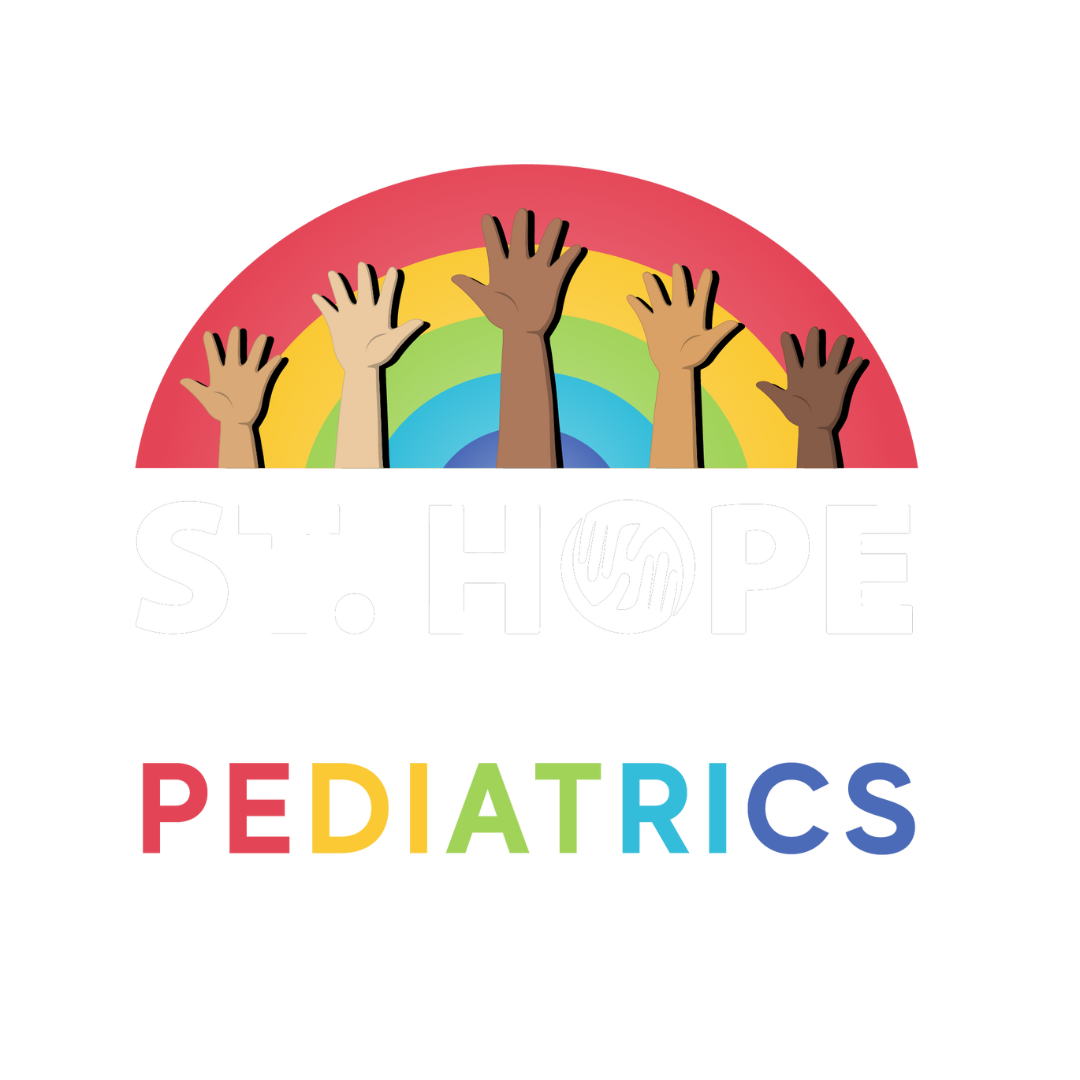 Logo for St. Hope Pediatrics: a colorful rainbow arching over five raised hands above the white text 