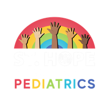 Logo for St. Hope Pediatrics: a colorful rainbow arching over five raised hands above the white text