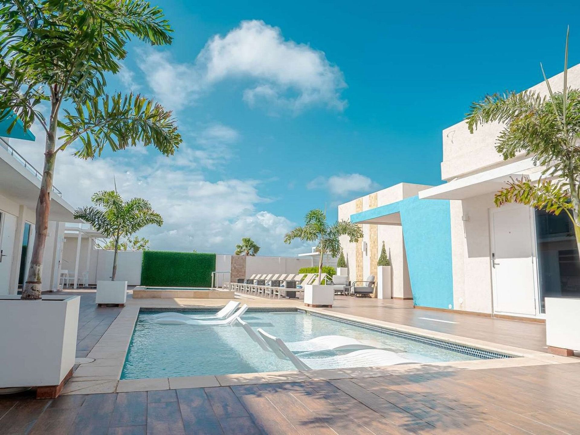 Piscina en la azotea con tumbonas, palmeras y detalles azules en un día brillante y soleado.
