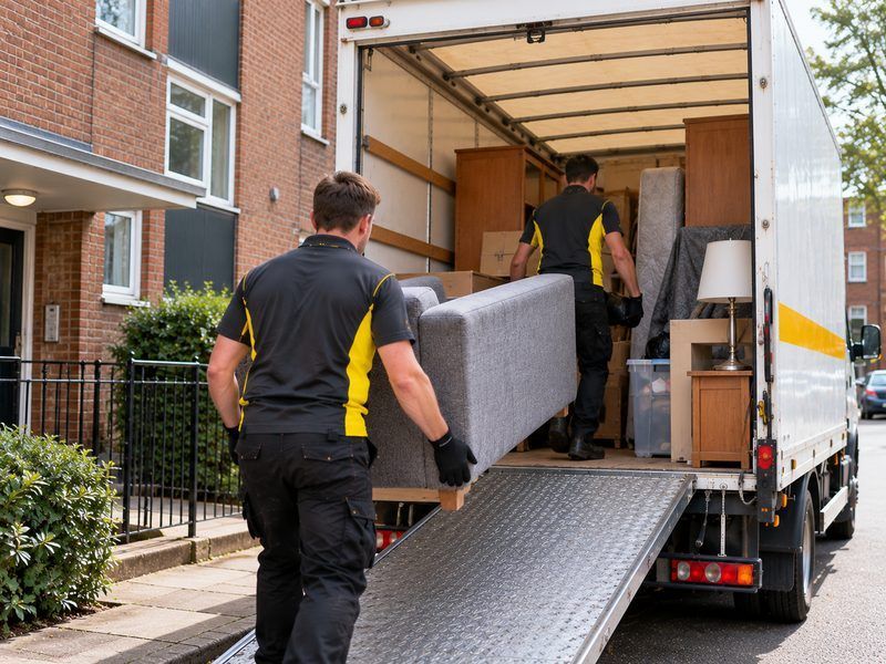 Contents of a flat being loaded into the van outside the block